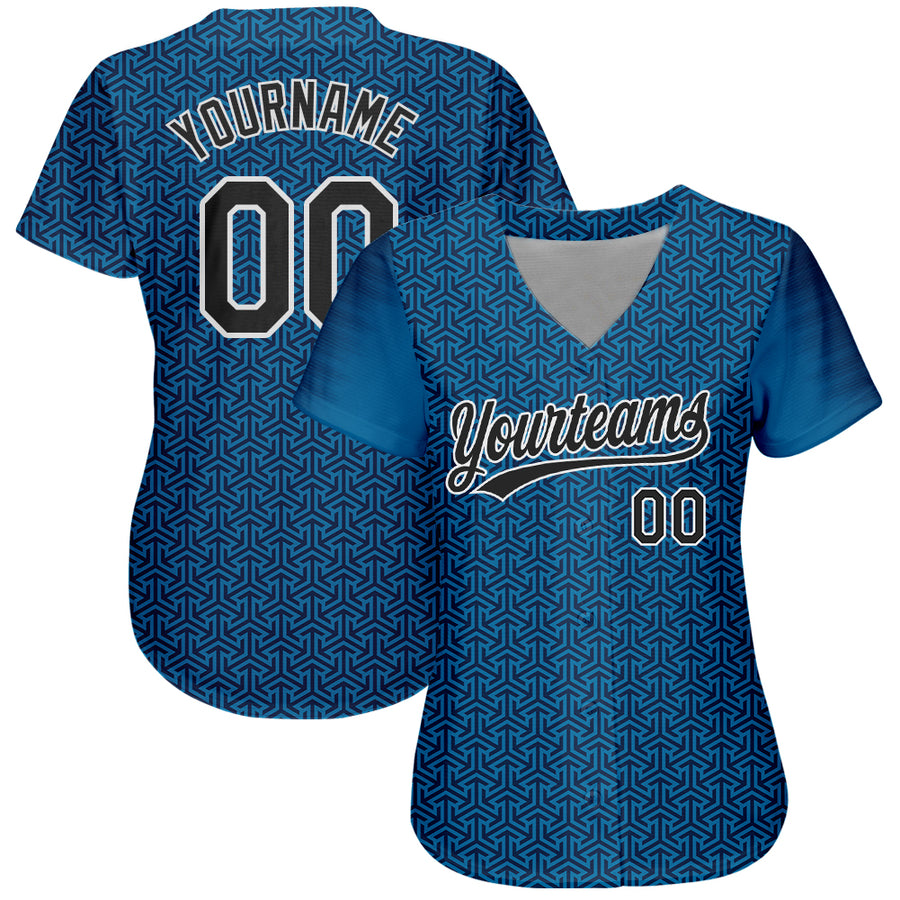 Custom Blue Black-White 3D Pattern Design Authentic Baseball Jersey