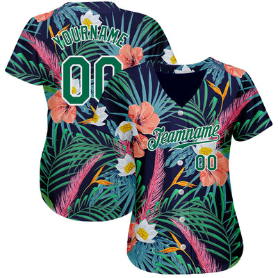 Custom Black Kelly Green-White 3D Pattern Design Hawaii Palm Leaves And Flowers Authentic Baseball Jersey