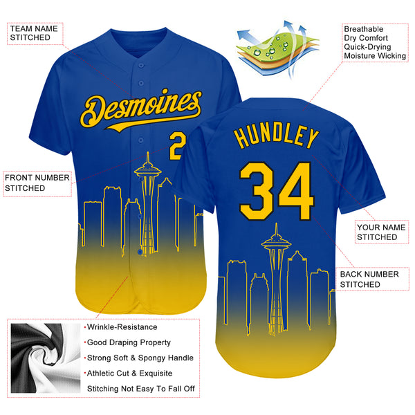 Custom Baseball Jersey Royal Yellow-Black 3D Seattle City Edition Fade Fashion Authentic Men's Size:L