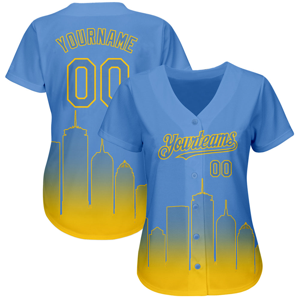 Custom Baseball Jersey Light Blue Yellow 3D Boston City Edition Fade Fashion Authentic Women's Size:L