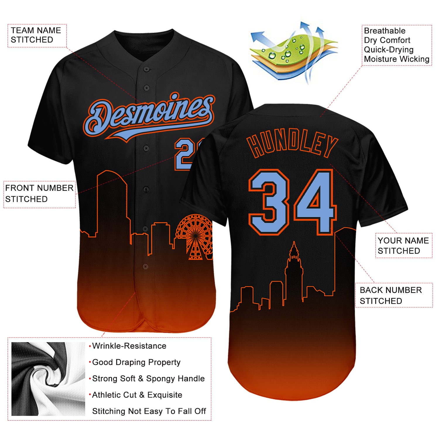 Custom Powder Blue Black-Orange Authentic Baseball Jersey Preschool Size:L