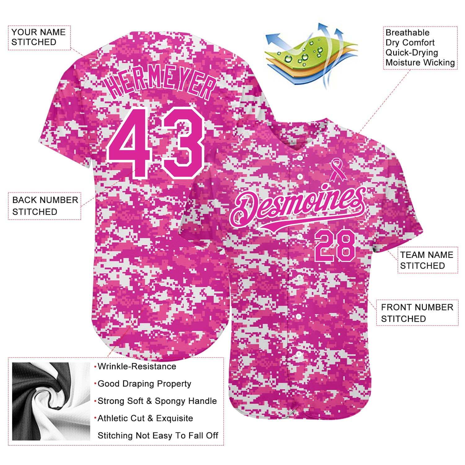 Custom Pink Ribbon Baseball Jersey Pink White-Hot Pink 3D Breast Cancer  Awareness Month Women Health Care Support Authentic - FansIdea