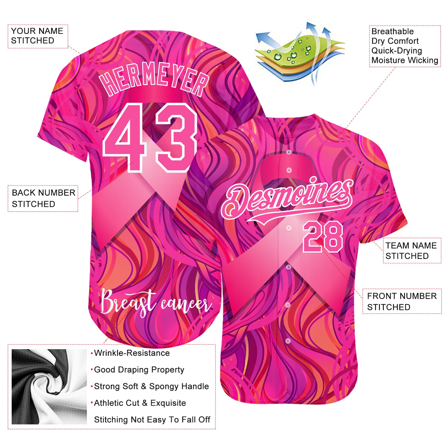 Breast Cancer Pink Ribbon Baseball Jersey - 84Hoods© Personalized