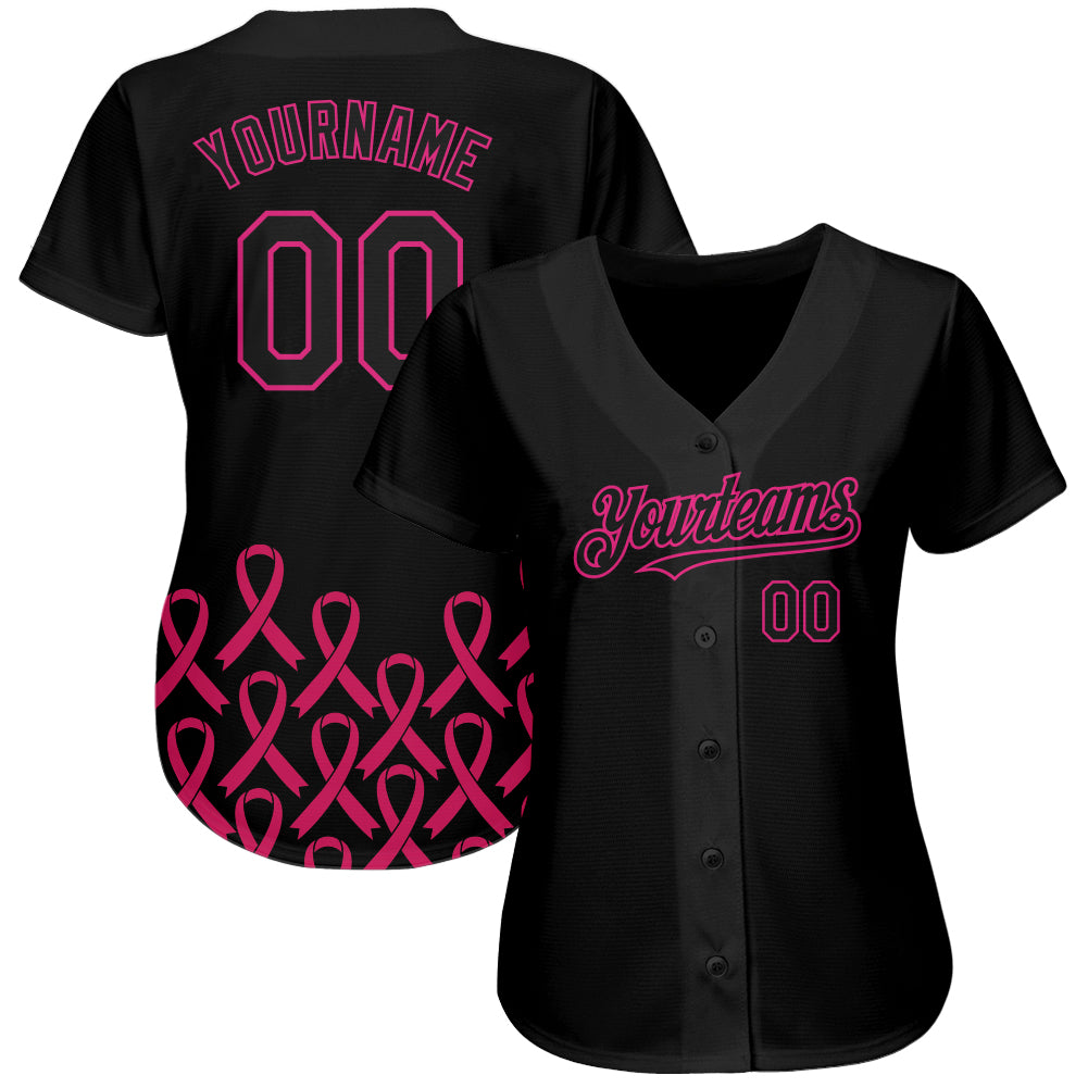 Custom Black Hot Pink 3D Pink Ribbon Breast Cancer Awareness Month Women Health Care Support Authentic Baseball Jersey