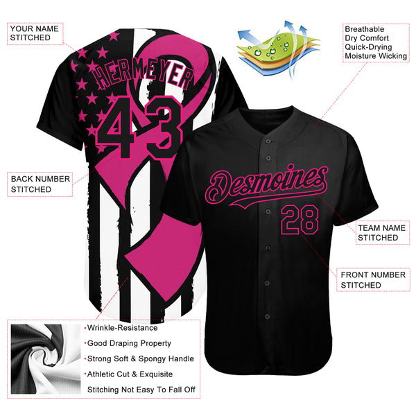 Custom Pink Ribbon Baseball Jersey Black Hot Pink-White 3D Breast