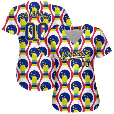 Custom White Royal-Yellow 3D Pattern Design Bowling Authentic Baseball Jersey