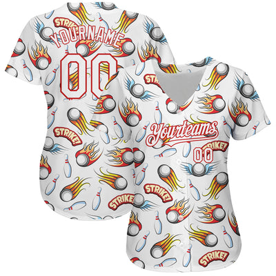 Custom White Red 3D Pattern Design Firely Bowling Authentic Baseball Jersey