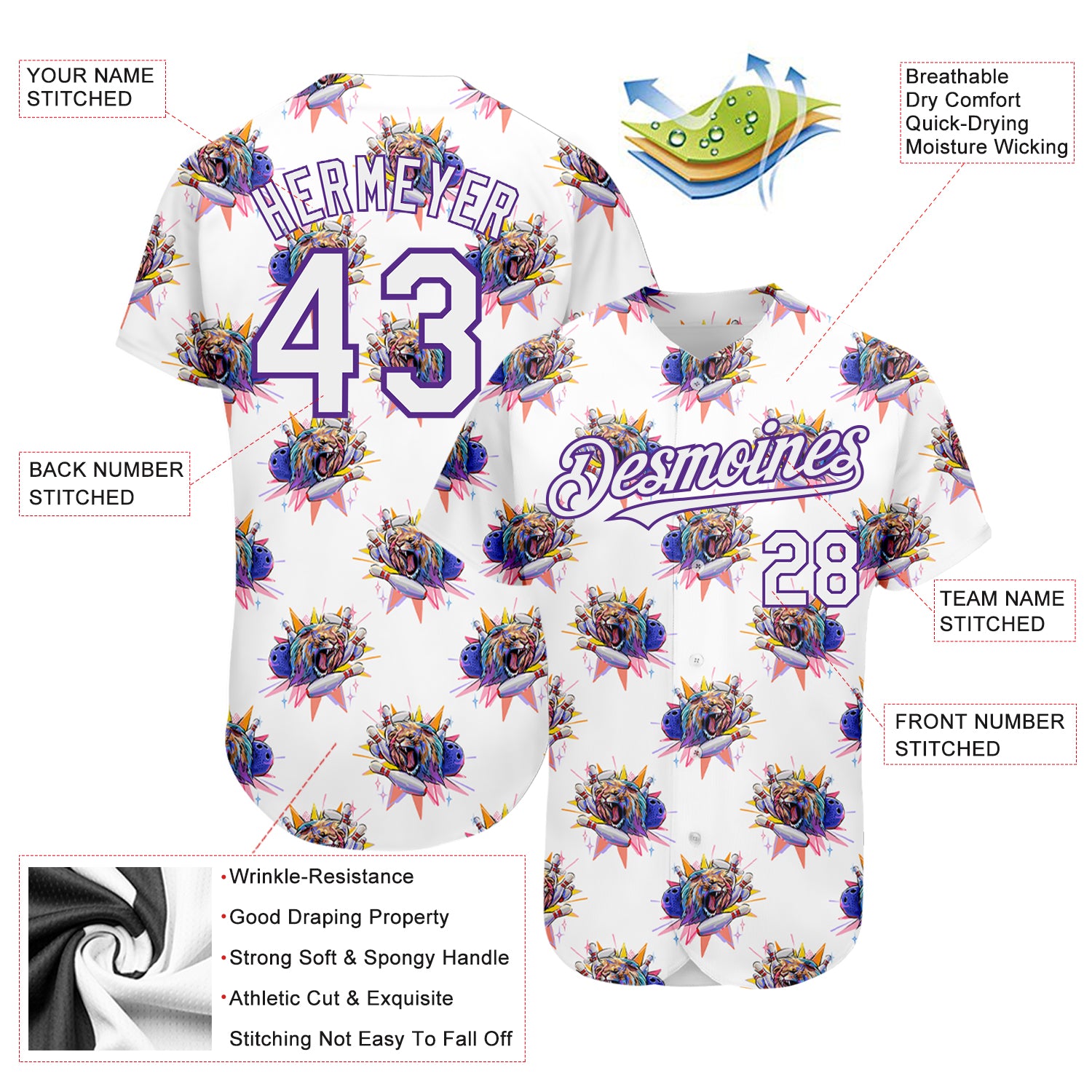 Custom White Purple 3D Pattern Design Growling Lion Among The Bowling Authentic Baseball Jersey