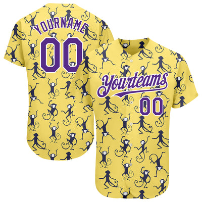 Custom Yellow Purple-White 3D Pattern Design Monkey Authentic Baseball Jersey