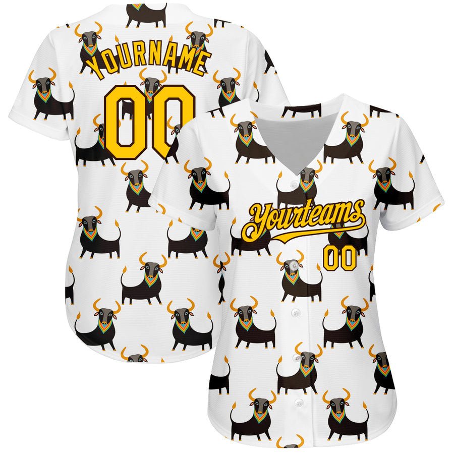 Custom White Yellow-Brown 3D Pattern Design Ox Authentic Baseball Jersey