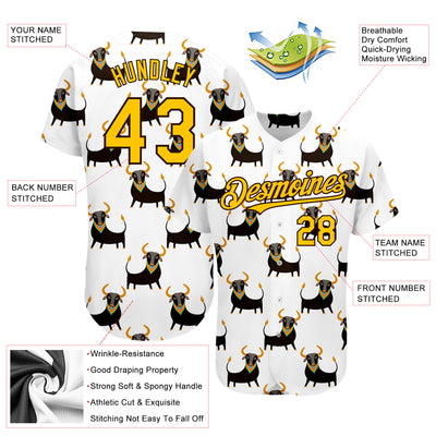 Custom White Yellow-Brown 3D Pattern Design Ox Authentic Baseball Jersey