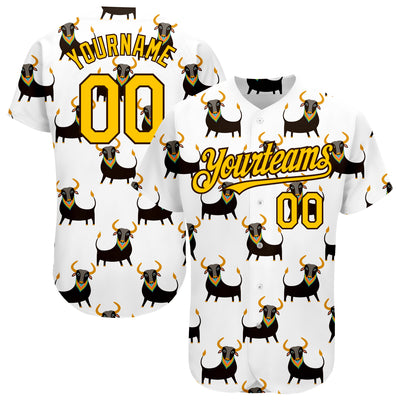 Custom White Yellow-Brown 3D Pattern Design Ox Authentic Baseball Jersey