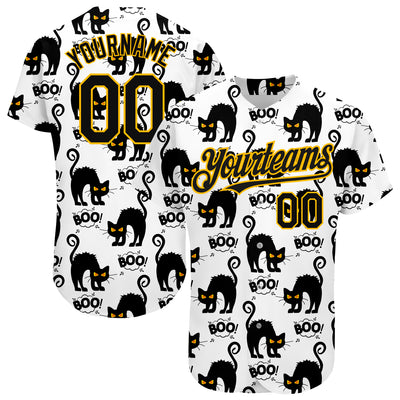 Custom White Black-Yellow 3D Pattern Design Cat Authentic Baseball Jersey