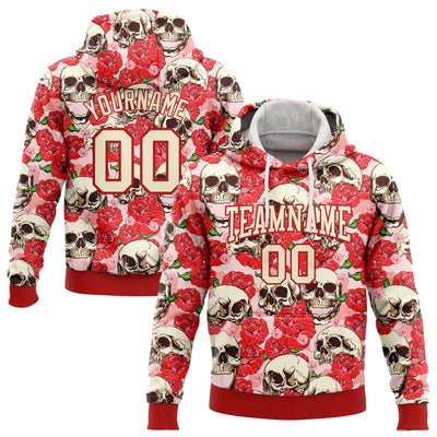 Custom Stitched Red Cream 3D Skull Fashion Flower Sports Pullover Sweatshirt Hoodie