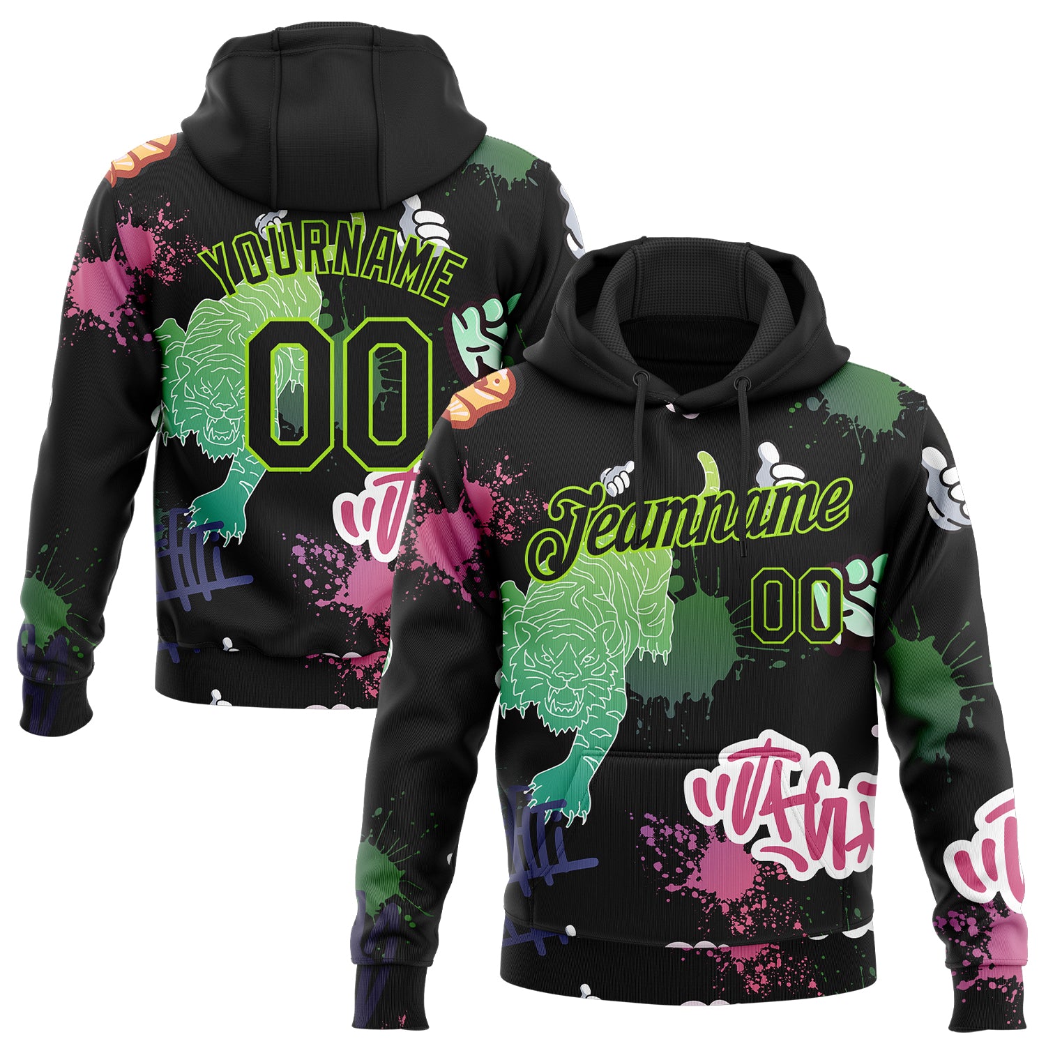 Custom 3D Pattern Sweatshirt Hoodie Black Neon Green Design Tiger