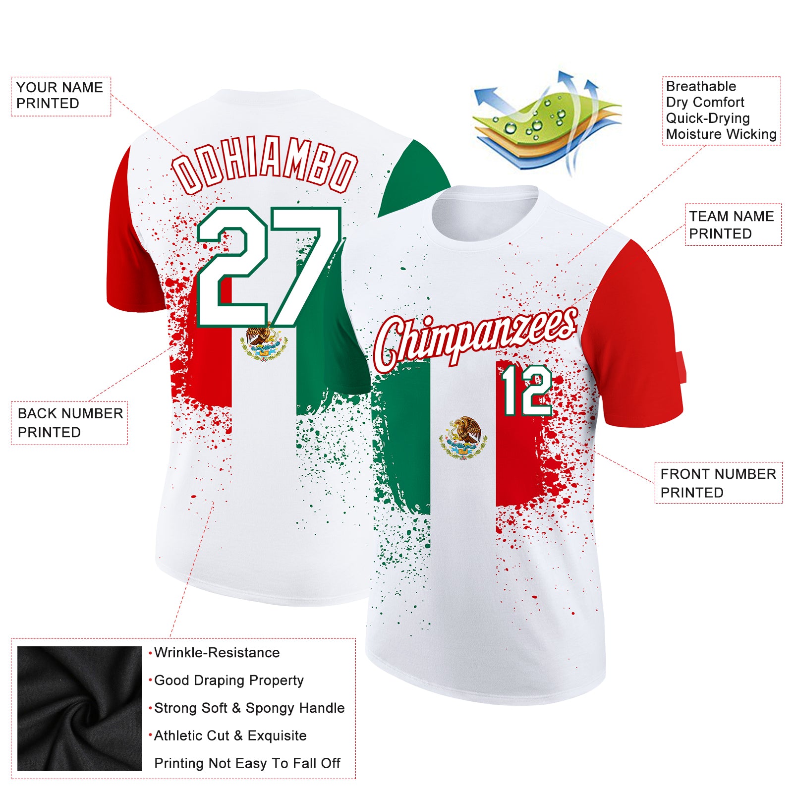 Custom Kelly Green Basketball Jersey Red-White 3D Mexico Watercolored  Splashes Grunge Design Authentic - FansIdea