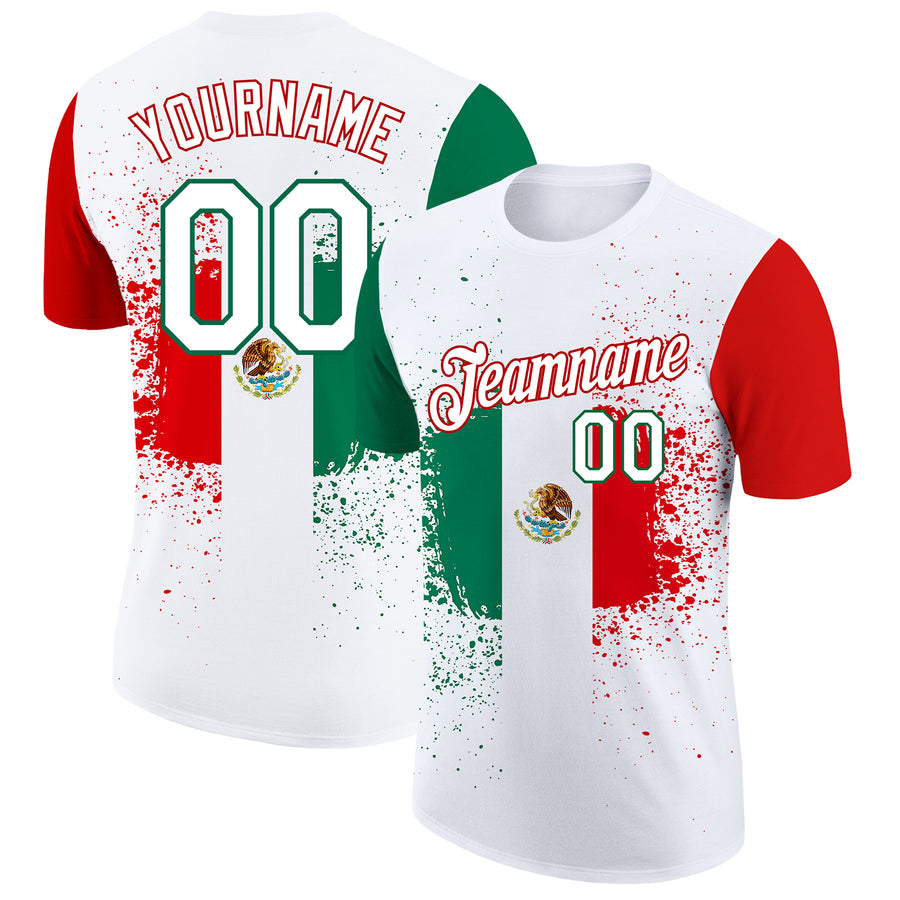 Custom White Performance T-Shirt Red-Kelly Green 3D Mexico Watercolored  Splashes Grunge Design - FansIdea