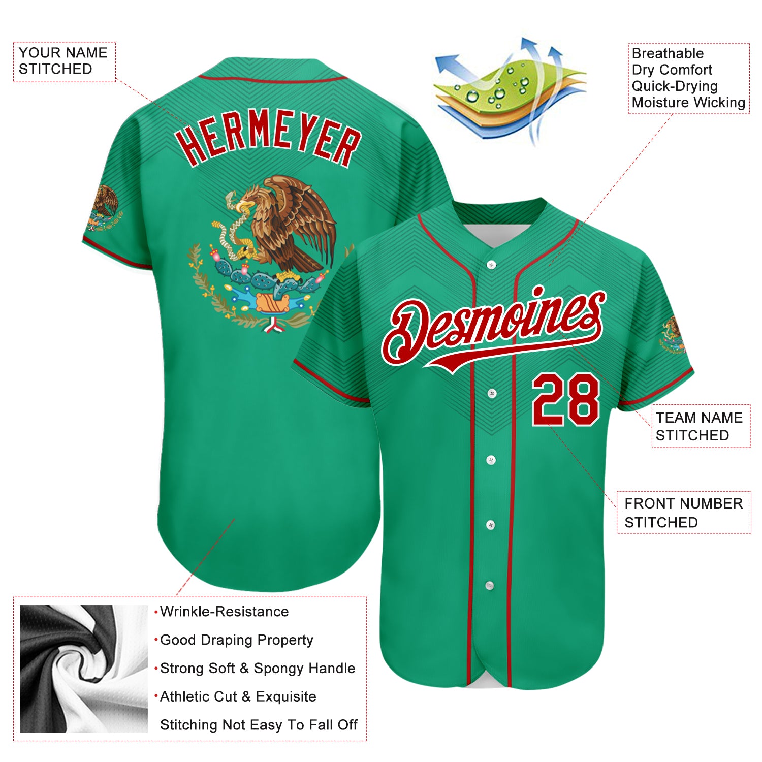 Custom Baseball Jersey Kelly Green Red-White 3D Mexico Authentic Men's Size:L