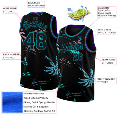 Custom Black Teal 3D Pattern Tropical Hawaii Palm Trees Authentic Basketball Jersey