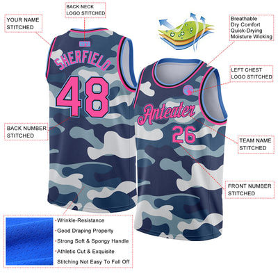 Custom Camo Pink Black-Light Blue 3D Authentic Salute To Service Basketball Jersey