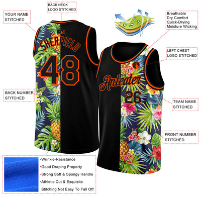 Custom Black Orange 3D Pattern Tropical Pineapples Hawaii Palm Leaves And Flowers Authentic Basketball Jersey