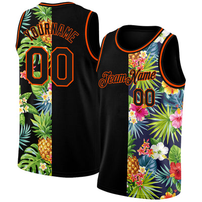 Custom Black Orange 3D Pattern Tropical Pineapples Hawaii Palm Leaves And Flowers Authentic Basketball Jersey