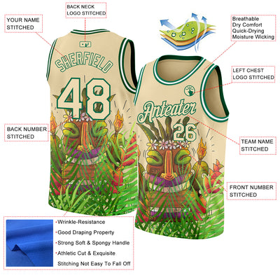 Custom Cream Kelly Green 3D Pattern Cartoon Tropical Hawaii Rainforest Authentic Basketball Jersey