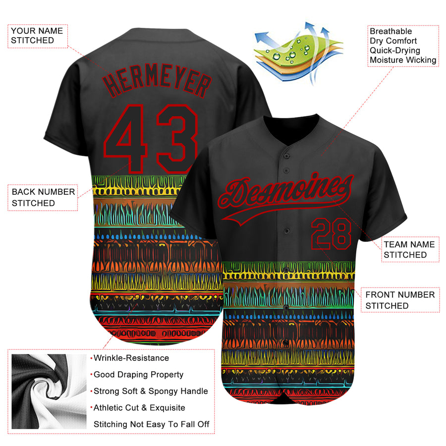 Custom Black Red 3D Pattern Design Traditional African Ethnic Style Authentic Baseball Jersey