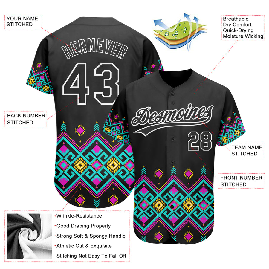 Custom Black White 3D Pattern Design Traditional African Ethnic Style Authentic Baseball Jersey