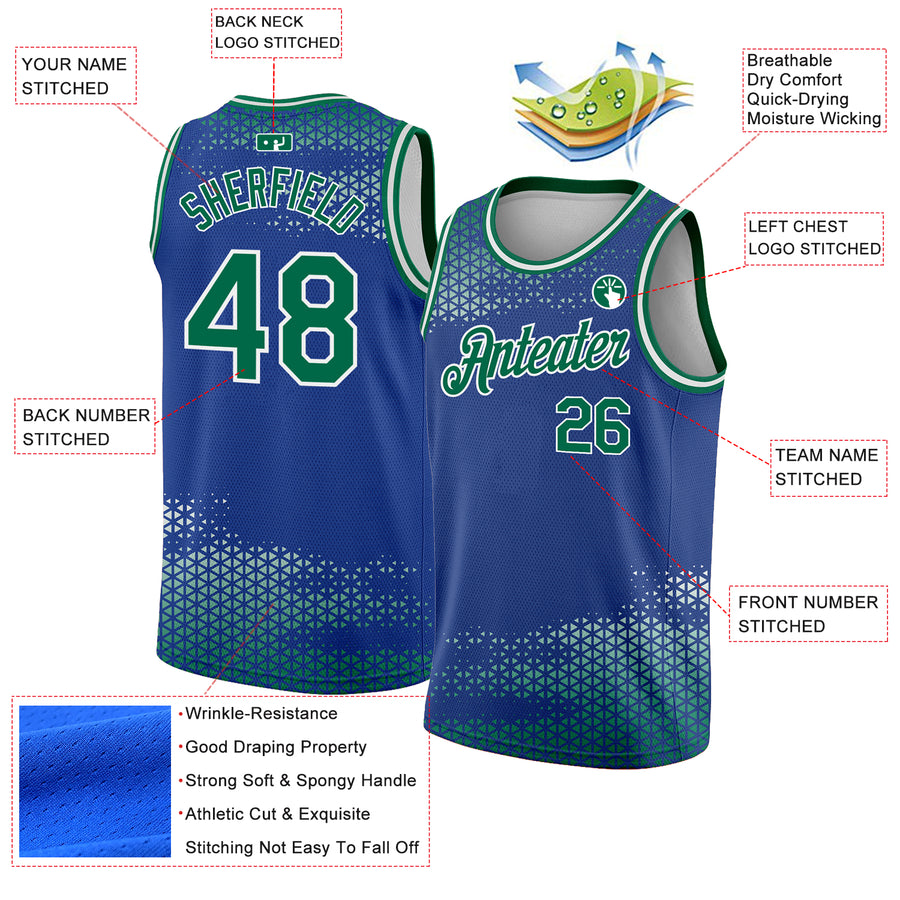 Custom Royal Kelly Green-White Triangle Shapes Authentic City Edition Basketball Jersey