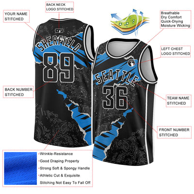 Custom Black Blue-White 3D Pattern Design Torn Paper Style Authentic Basketball Jersey