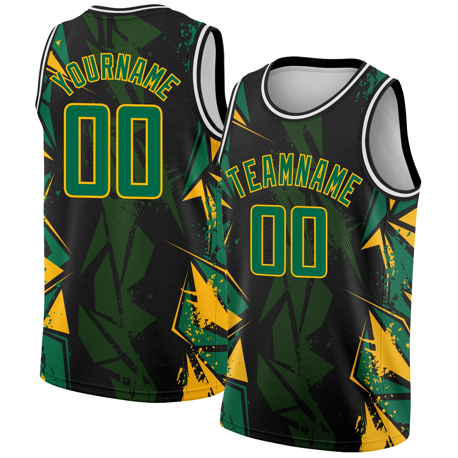 Custom 3D Pattern Basketball Jersey Black Kelly Green Gold Design Geometric Shapes Authentic FansIdea