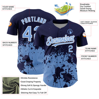 Custom Navy Light Blue-White 3D Pattern Design Abstract Splash Grunge Art Authentic Baseball Jersey