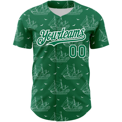 Custom Kelly Green White 3D Pattern Design Ship Frigate With Seagulls Authentic Baseball Jersey