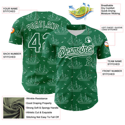 Custom Kelly Green White 3D Pattern Design Ship Frigate With Seagulls Authentic Baseball Jersey