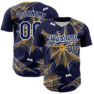 Custom Navy Gold-White 3D Pattern Design Spider Web Authentic Baseball Jersey