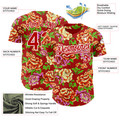 Custom Red White 3D Pattern Design Northeast China Big Flower Authentic Baseball Jersey