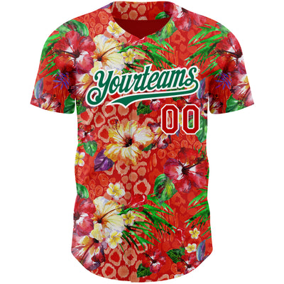 Custom Red Kelly Green-White 3D Pattern Design Northeast China Big Flower Authentic Baseball Jersey