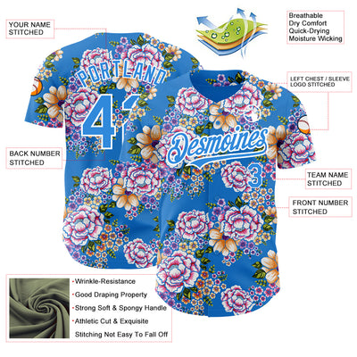 Custom Electric Blue White 3D Pattern Design Northeast China Big Flower Authentic Baseball Jersey