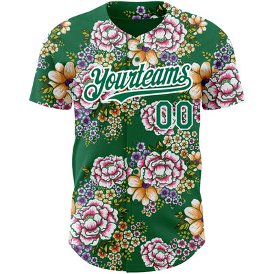 Custom Kelly Green White 3D Pattern Design Northeast China Big Flower Authentic Baseball Jersey