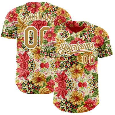 Custom Red Old Gold-White 3D Pattern Design Northeast China Big Flower Authentic Baseball Jersey