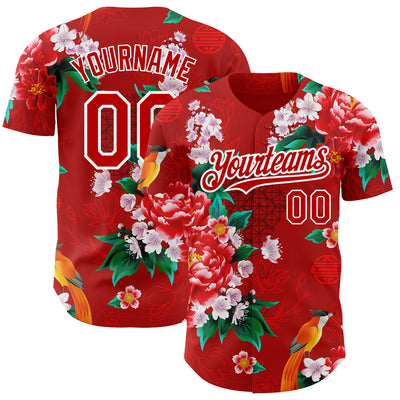 Custom Red White 3D Pattern Design Northeast China Big Flower Authentic Baseball Jersey