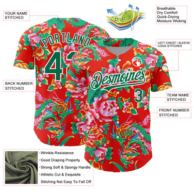 Custom Red Kelly Green-White 3D Pattern Design Northeast China Big Flower Authentic Baseball Jersey