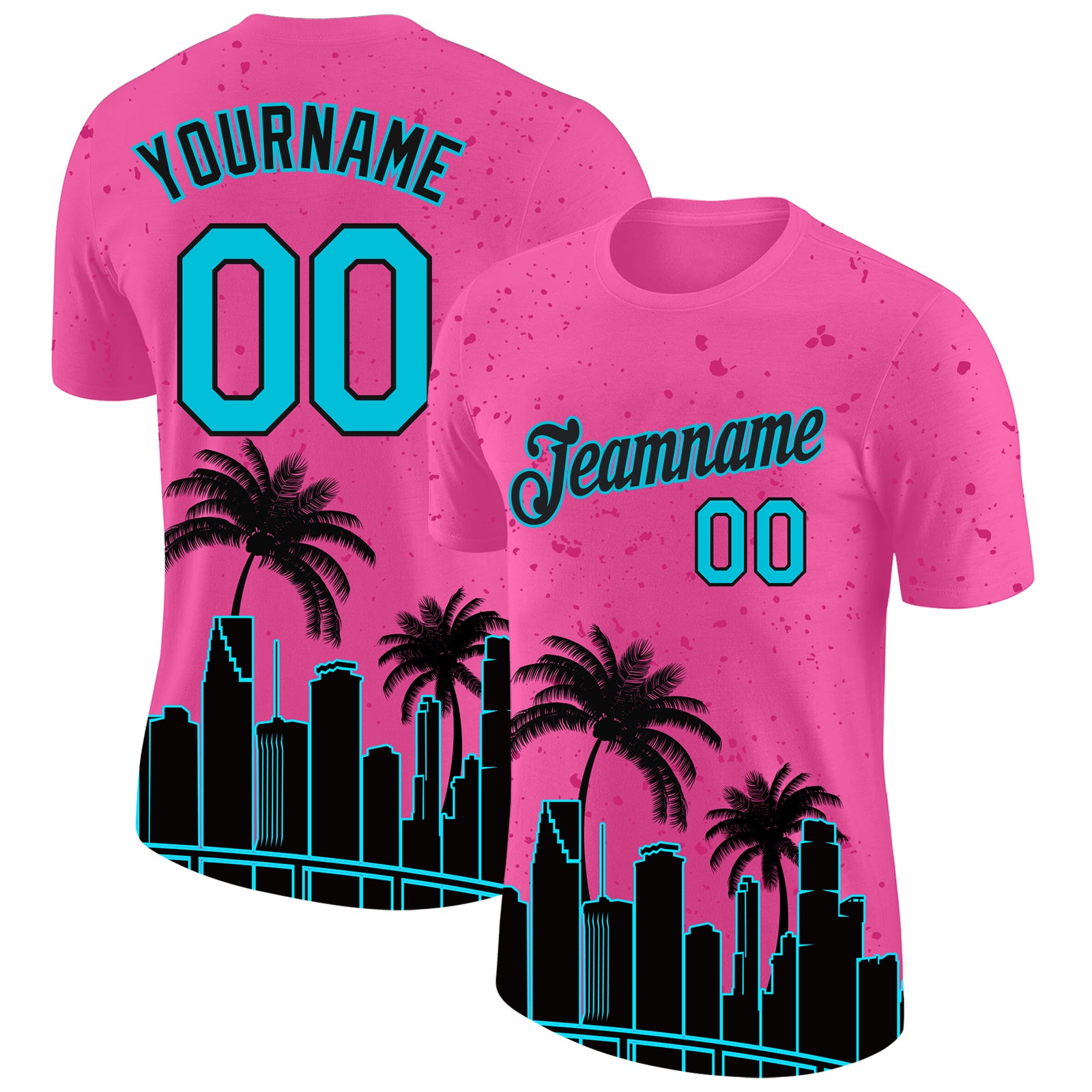 Custom 3D Pattern Performance T Shirt Pink Lakes Blue Black Design Miami Palm Trees City Edition FansIdea