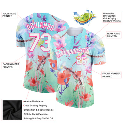 Custom Lakes Blue White-Pink 3D Pattern Design Flowers Performance T-Shirt