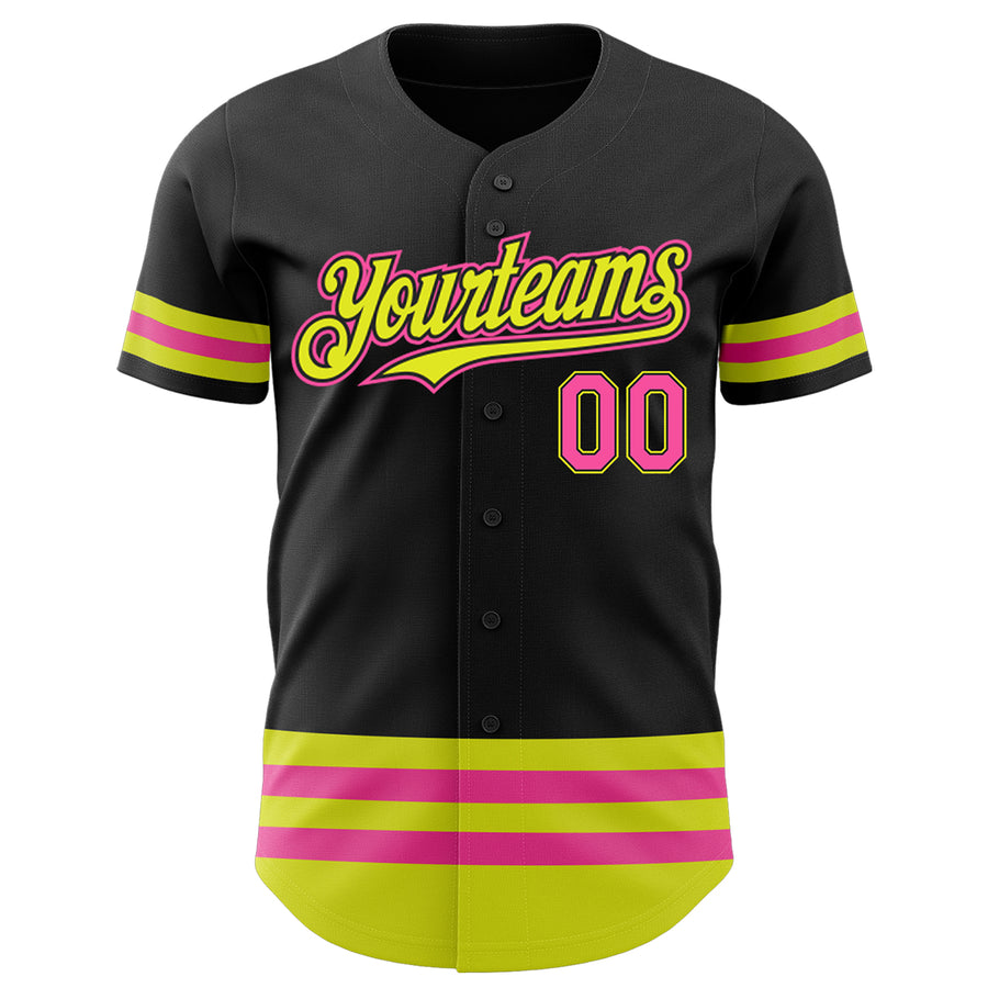 Custom Black Pink-Neon Yellow Line Authentic Baseball Jersey