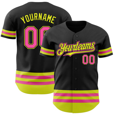 Custom Black Pink-Neon Yellow Line Authentic Baseball Jersey