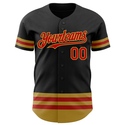 Custom Black Red-Old Gold Line Authentic Baseball Jersey