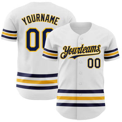 Custom White Navy-Gold Line Authentic Baseball Jersey