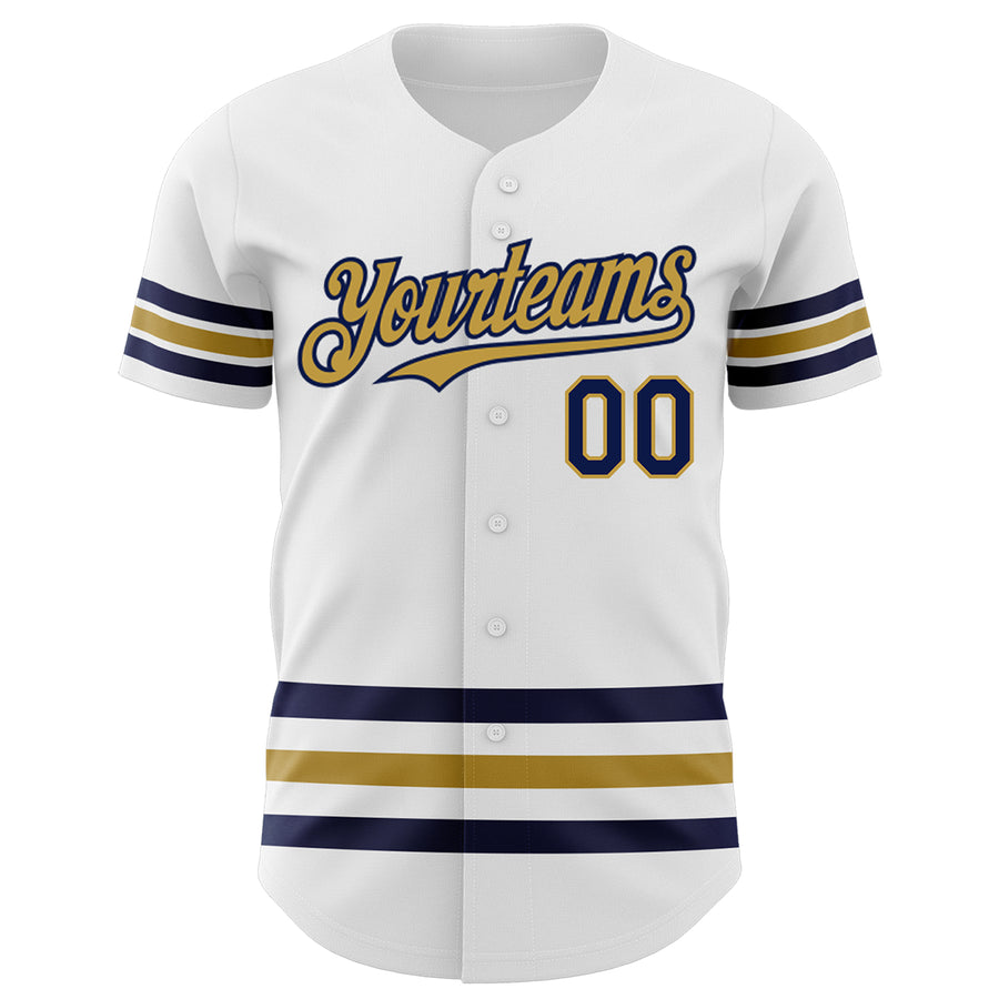 Custom White Navy-Old Gold Line Authentic Baseball Jersey